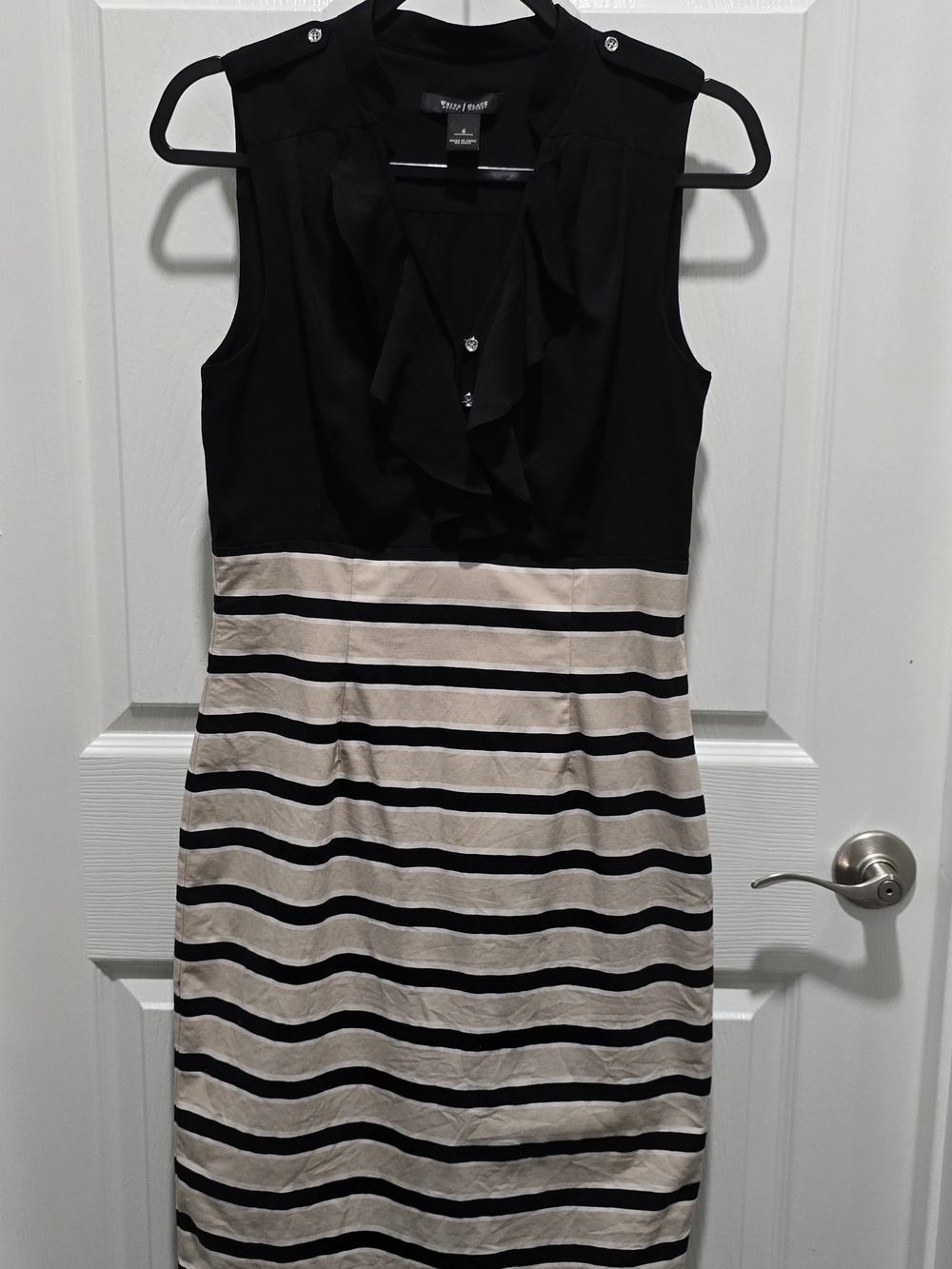 White House Black Market Black and Cream Striped Ruffle Midi Dress